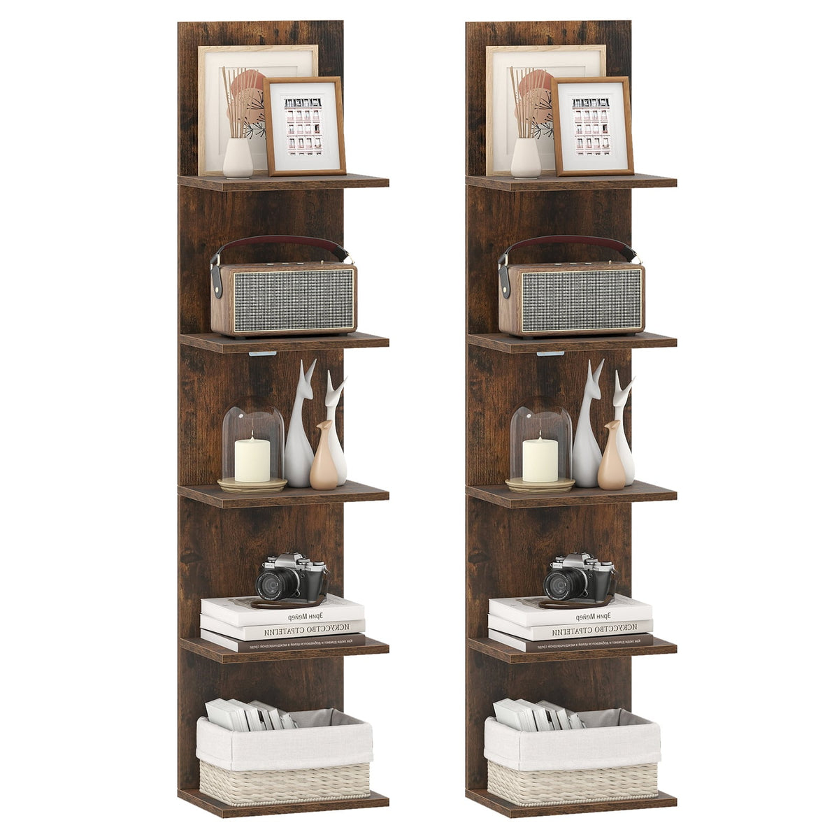 Set of 2 5-Tier Wall Shelves Vertical Floating Storage Shelf Unit in Rustic Brown