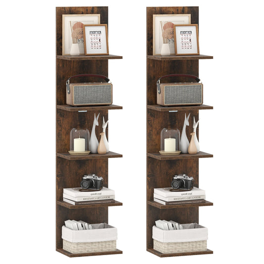 Set of 2 5-Tier Wall Shelves Vertical Floating Storage Shelf Unit in Rustic Brown