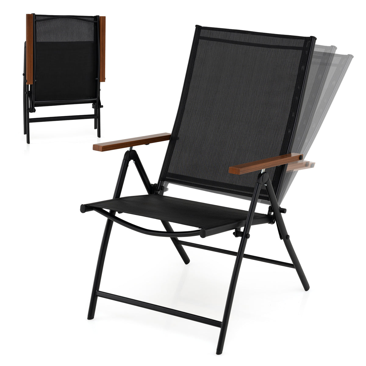 Set of 2 Breathable Fabric Folding Patio Chairs with 5-Position Adjustable Backrests-Black