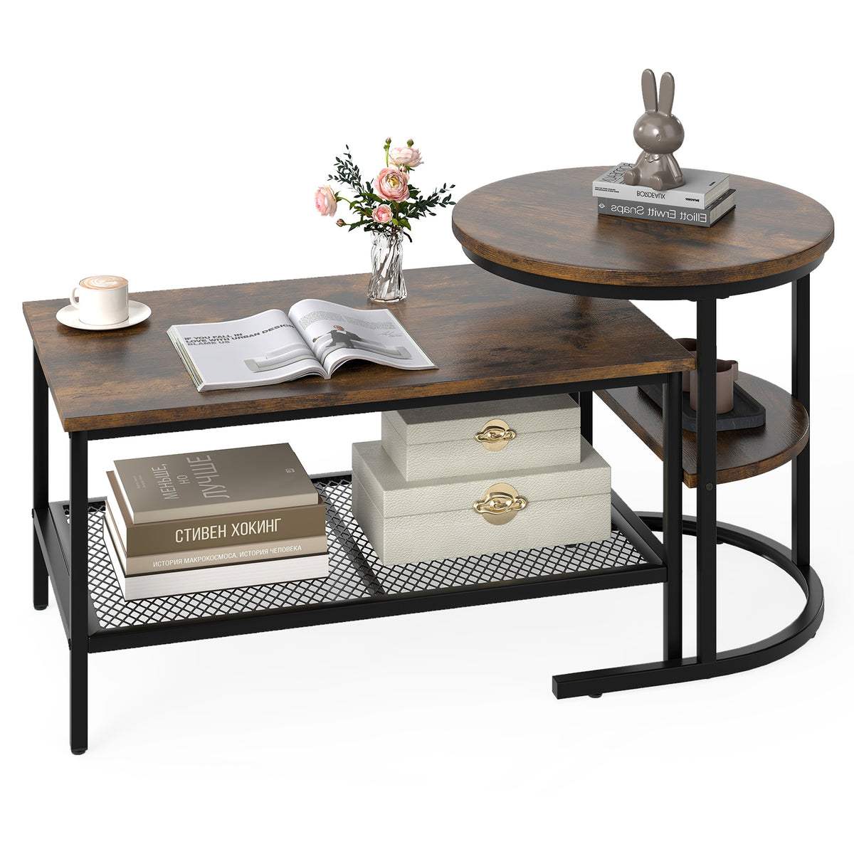 Set of 2 Nesting Coffee Table with Extra Storage Shelf-Coffee