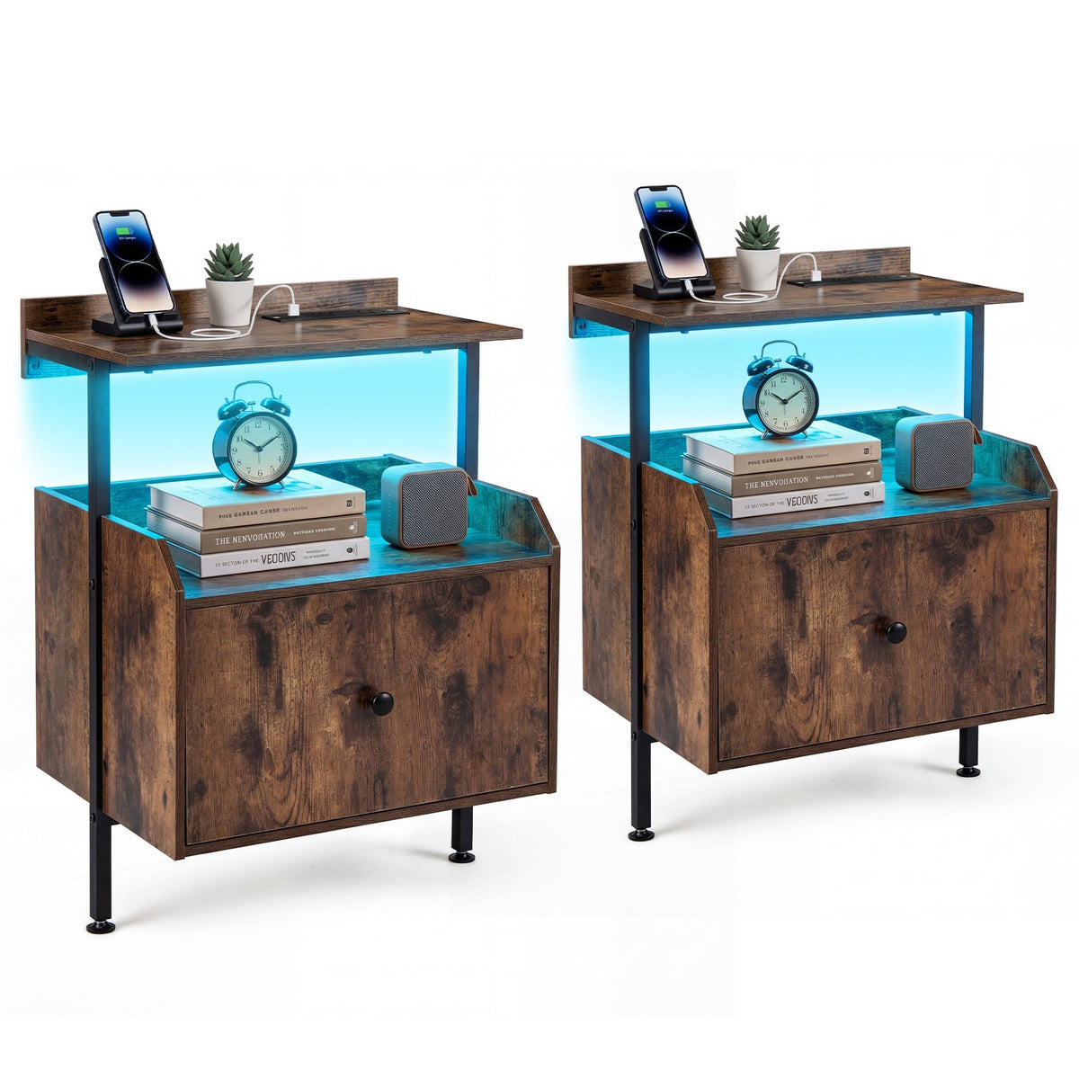 Set of 2 Nightstand Bedside Table with Charging Station in Rustic Brown