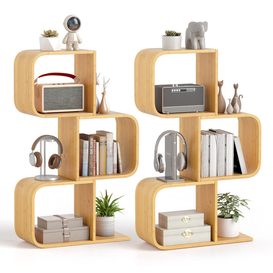 Set of 2 S-Shaped Bookcase Bamboo Bookshelf