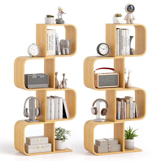 Set of 2 S-Shaped Bookcase Bamboo Bookshelf