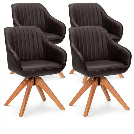 Set of 4 360° Swivel Accent Chair with Solid Wood Legs-Brown