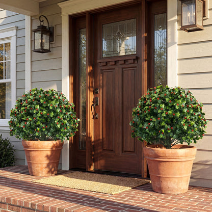 Set of 2 Artificial Holly and Red Berry Topiary Trees for Yard