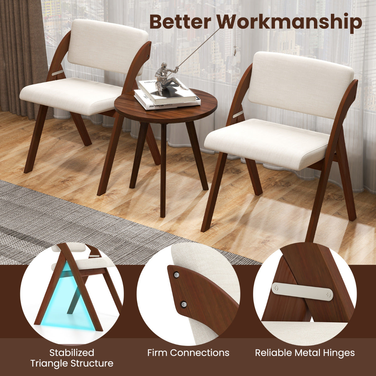 Set of 2 Dining Chairs Folding Kitchen Chair with Rubber Wood Legs-Walnut