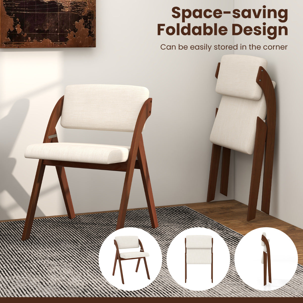 Set of 2 Dining Chairs Folding Kitchen Chair with Rubber Wood Legs-Walnut