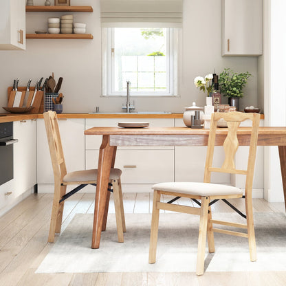 Set of 2 Folding Dining Chairs with Soft Padded Seat and Smooth Solid Backrest-Beige