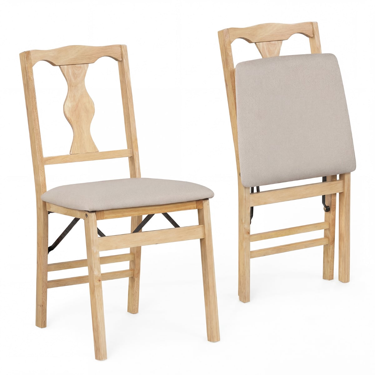 Set of 2 Folding Dining Chairs with Soft Padded Seat and Smooth Solid Backrest-Beige