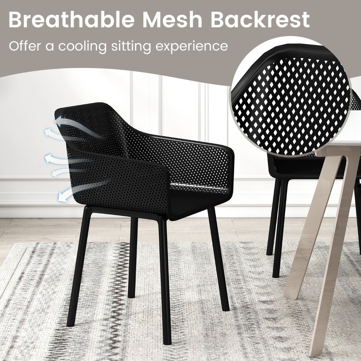 Set of 2 Modern Plastic Dining Chairs with Wide Seat-Black