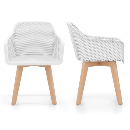 Set of 2 Modern Plastic Dining Chairs with Wood Legs-White