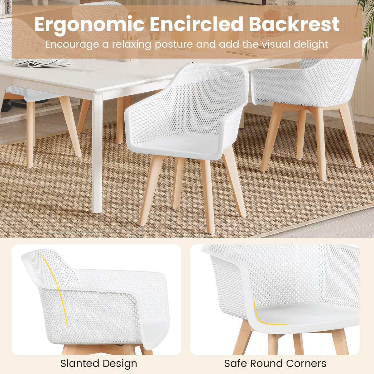 Set of 2 Modern Plastic Dining Chairs with Wood Legs-White