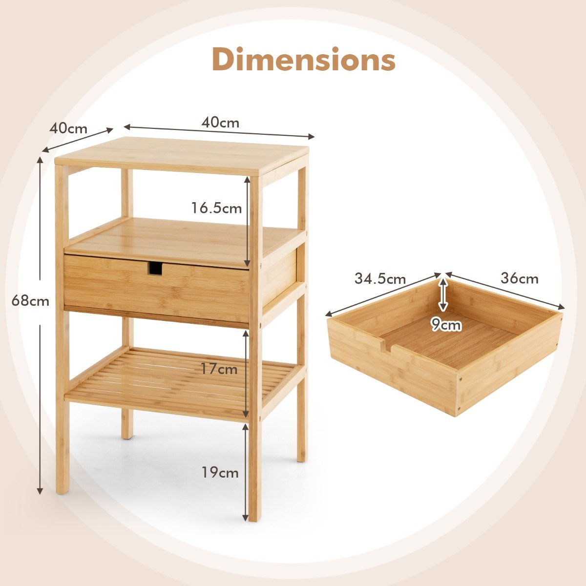 Multipurpose Bamboo Nightstand with Storage Drawer and Slatted Shelf-Natural