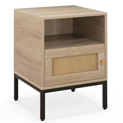Set of 2 Nightstand with Storage Home Boho Style Accent Side Table-Oak