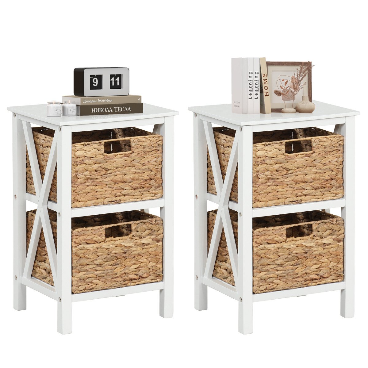 Set of 2 Nightstands Drawer Sofa Side Table with Seagrass Baskets-White-2-Tier