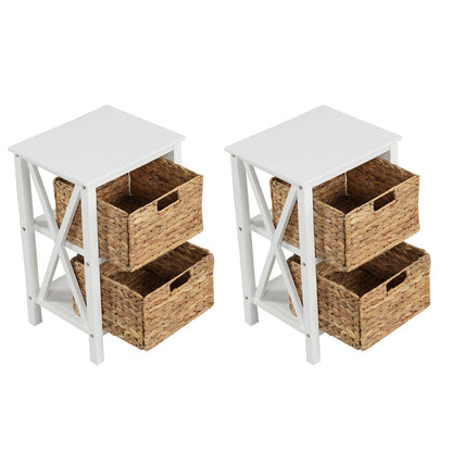 Set of 2 Nightstands Drawer Sofa Side Table with Seagrass Baskets-White-2-Tier
