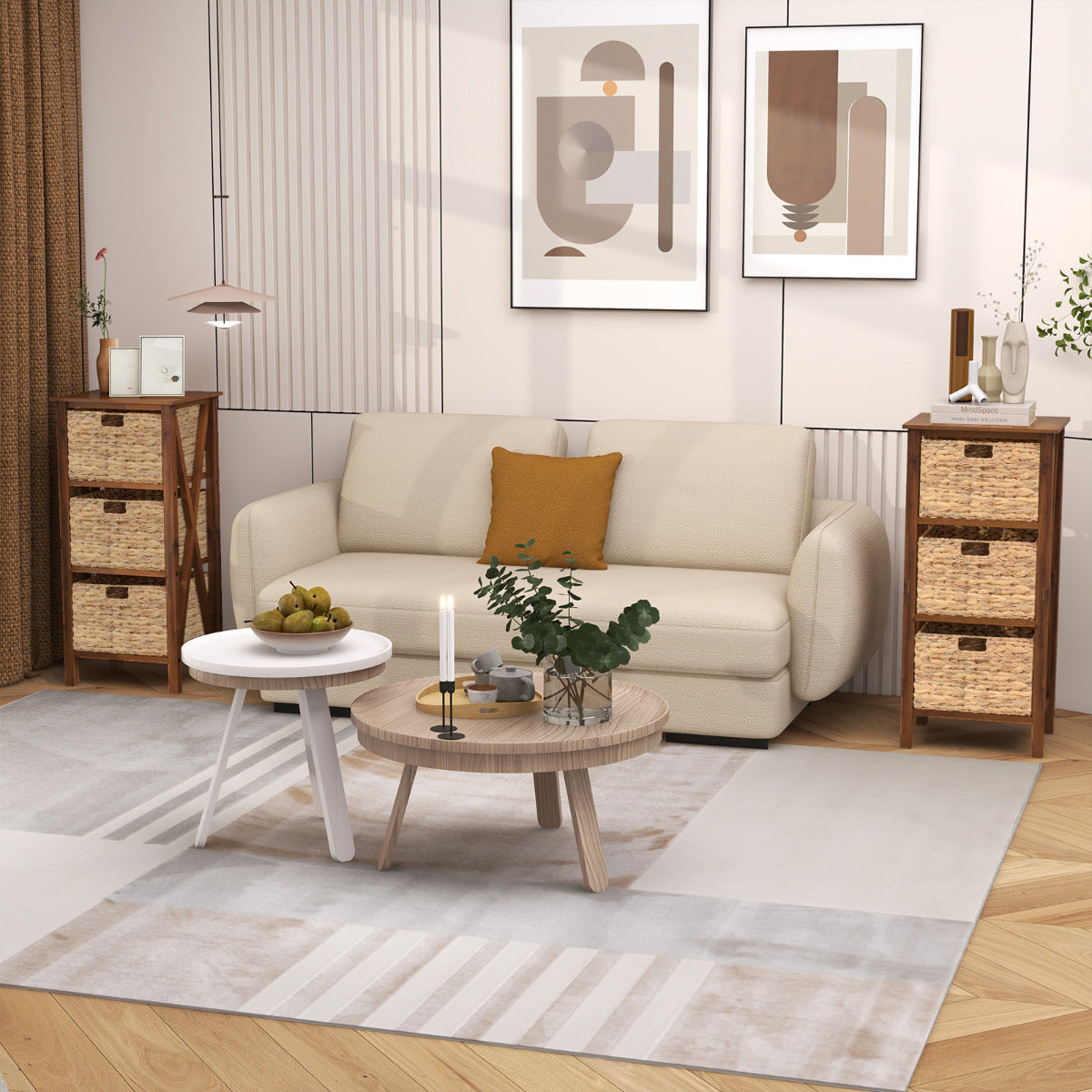 Set of 2 Nightstands Drawer Sofa Side Table with Seagrass Baskets-Walnut-3-Tier