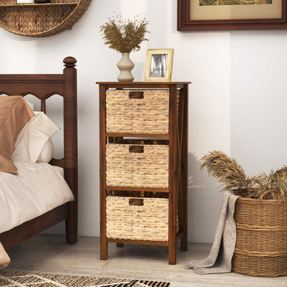 Set of 2 Nightstands Drawer Sofa Side Table with Seagrass Baskets-Walnut-3-Tier