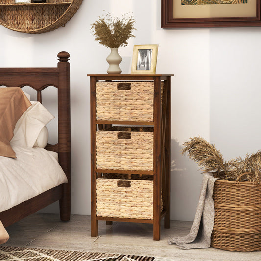 Set of 2 Nightstands Drawer Sofa Side Table with Seagrass Baskets-Walnut-3-Tier