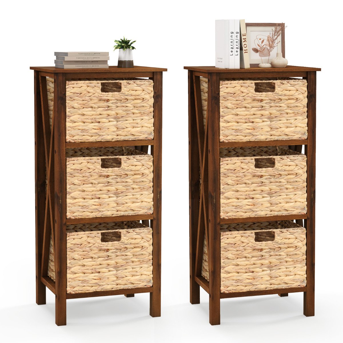 Set of 2 Nightstands Drawer Sofa Side Table with Seagrass Baskets-Walnut-3-Tier