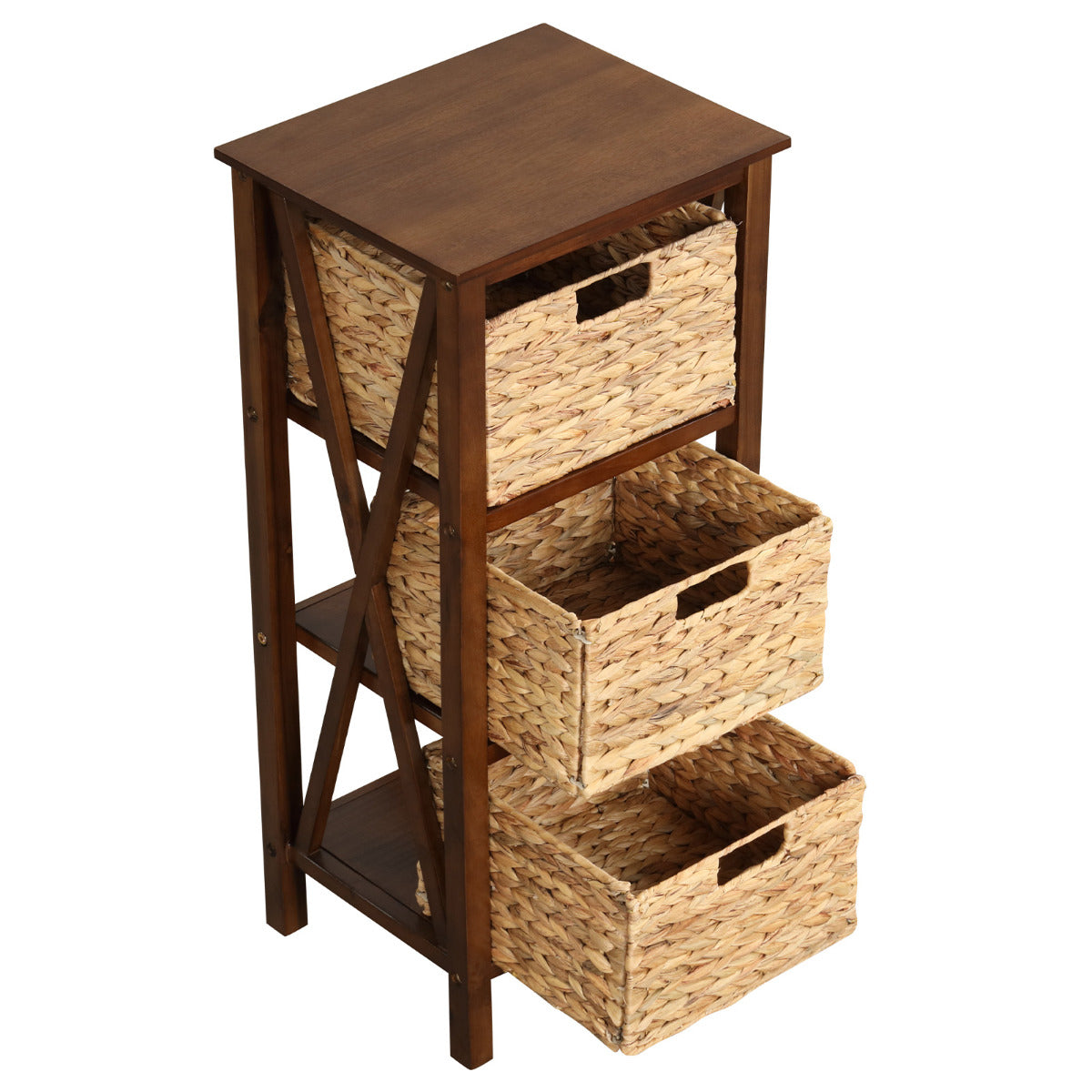 Set of 2 Nightstands Drawer Sofa Side Table with Seagrass Baskets-Walnut-3-Tier