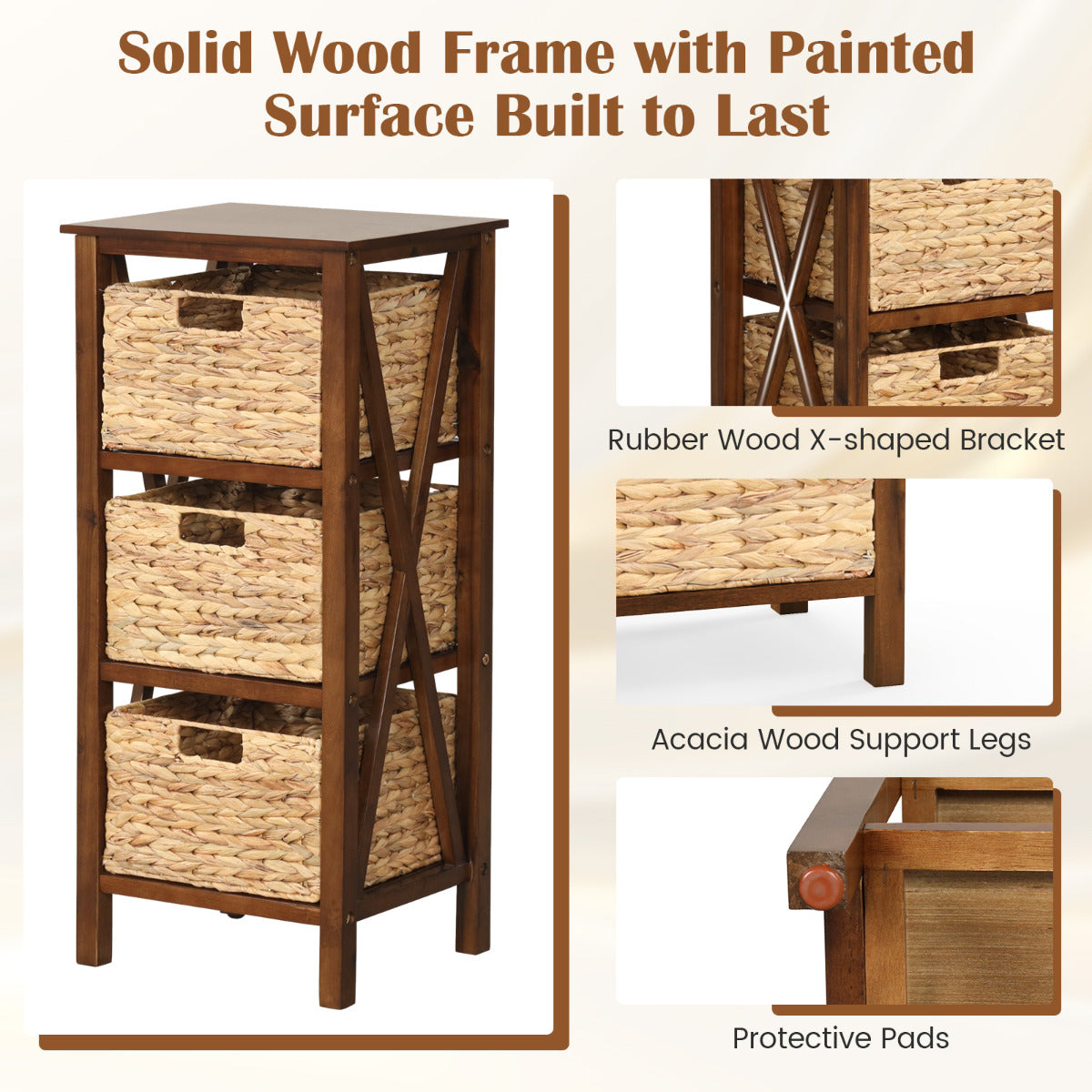 Set of 2 Nightstands Drawer Sofa Side Table with Seagrass Baskets-Walnut-3-Tier