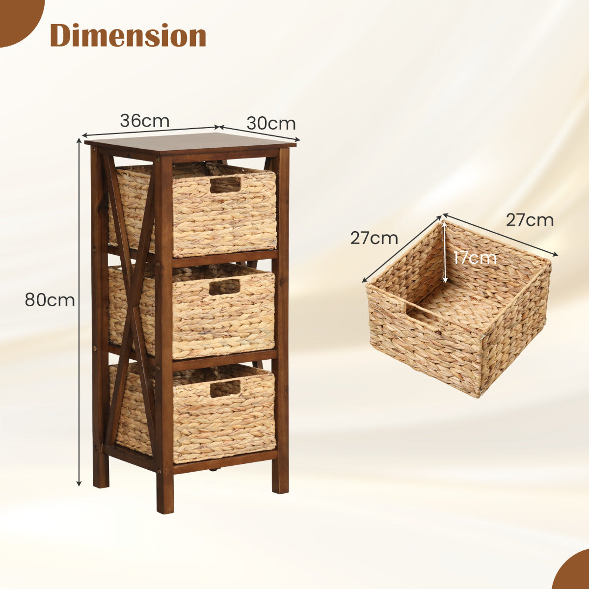 Set of 2 Nightstands Drawer Sofa Side Table with Seagrass Baskets-Walnut-3-Tier