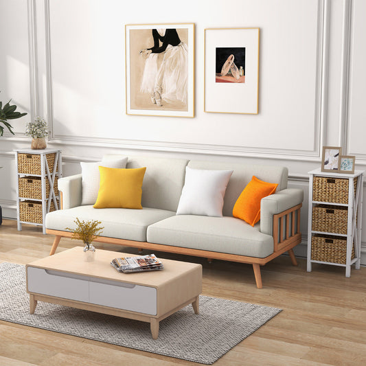 Set of 2 Nightstands Drawer Sofa Side Table with Seagrass Baskets-White-3-Tier