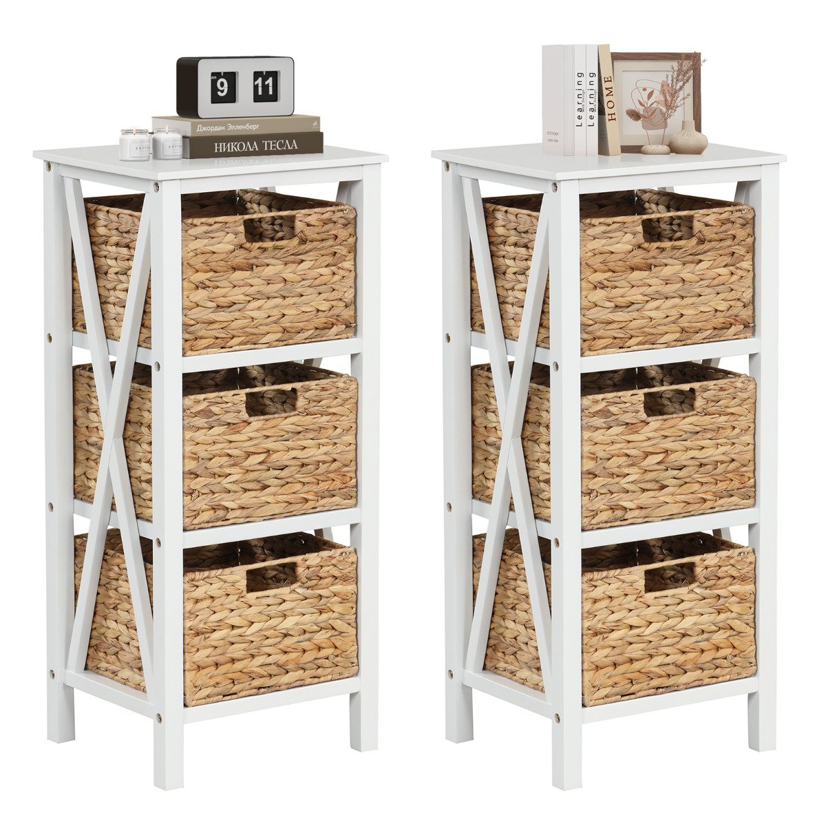 Set of 2 Nightstands Drawer Sofa Side Table with Seagrass Baskets-White-3-Tier