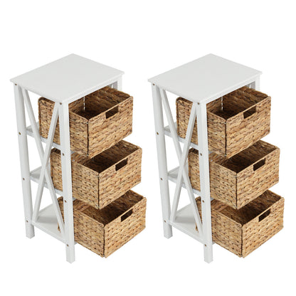 Set of 2 Nightstands Drawer Sofa Side Table with Seagrass Baskets-White-3-Tier