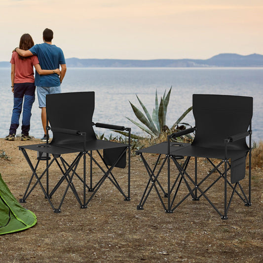 Set of 2 Oversized Camping Chair with Side Table and Storage Pockets-Black