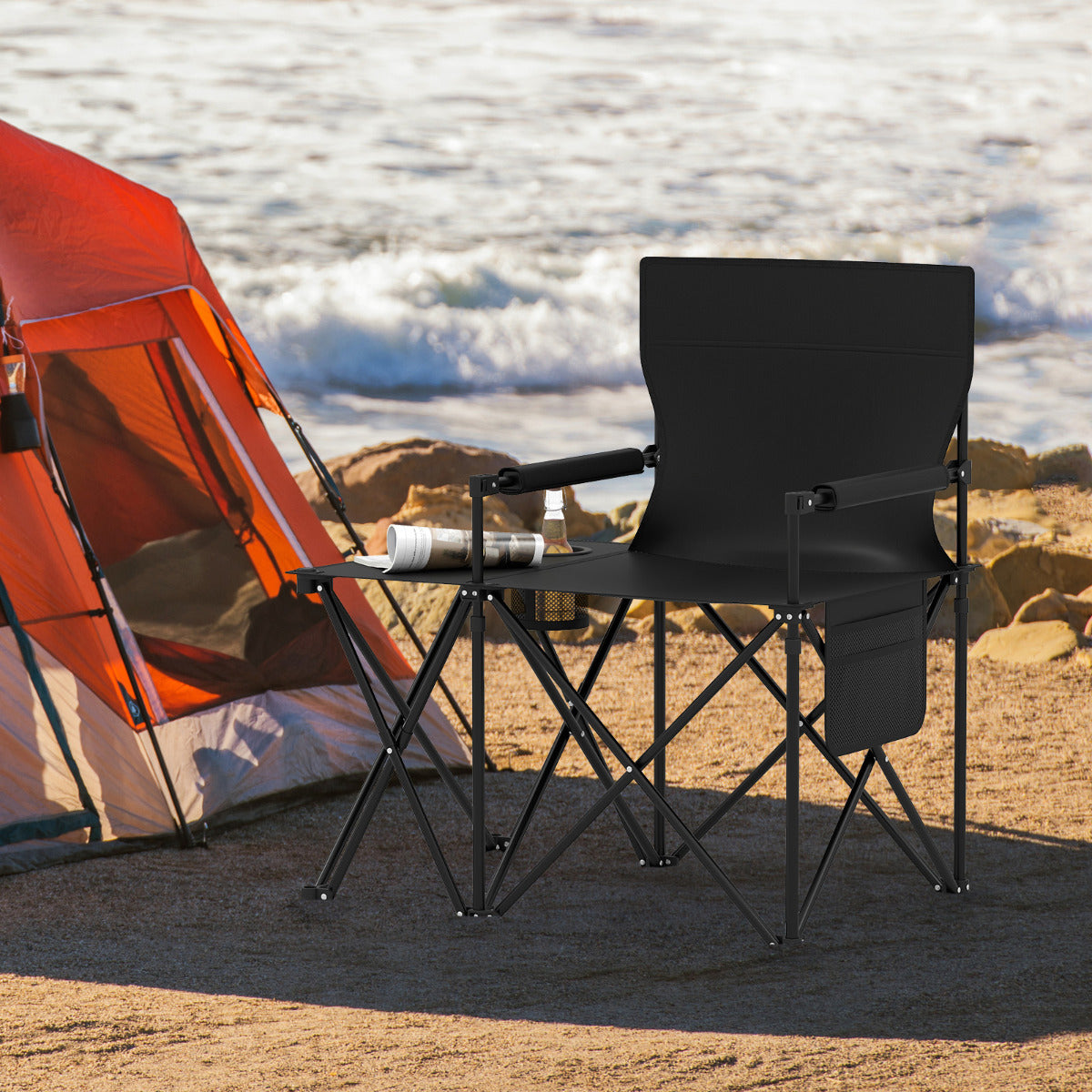 Set of 2 Oversized Camping Chair with Side Table and Storage Pockets-Black