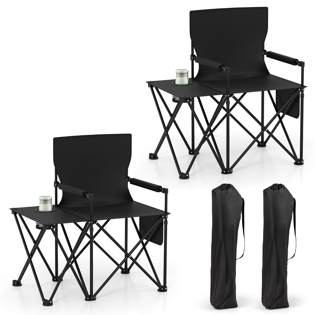 Set of 2 Oversized Camping Chair with Side Table and Storage Pockets-Black