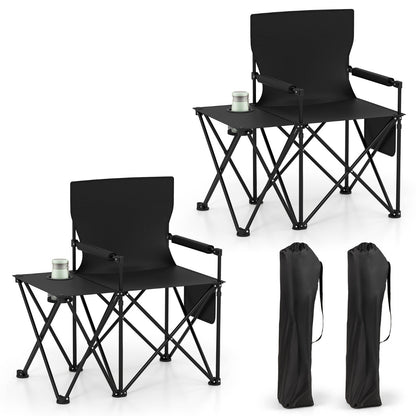 Set of 2 Oversized Camping Chair with Side Table and Storage Pockets-Black