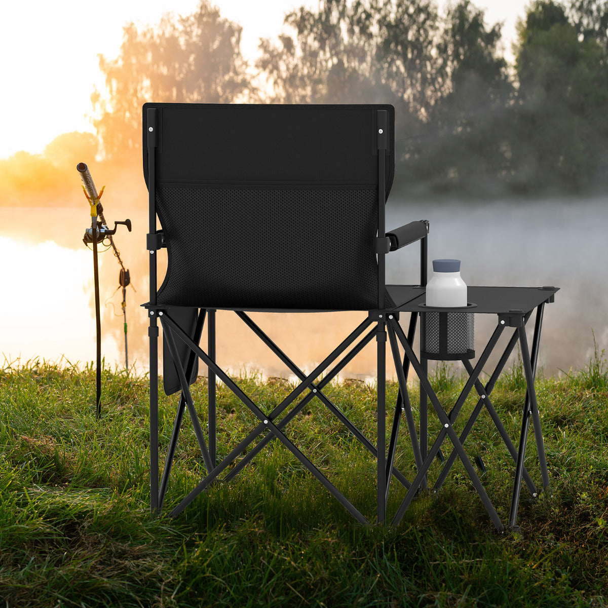Set of 2 Oversized Camping Chair with Side Table and Storage Pockets-Black