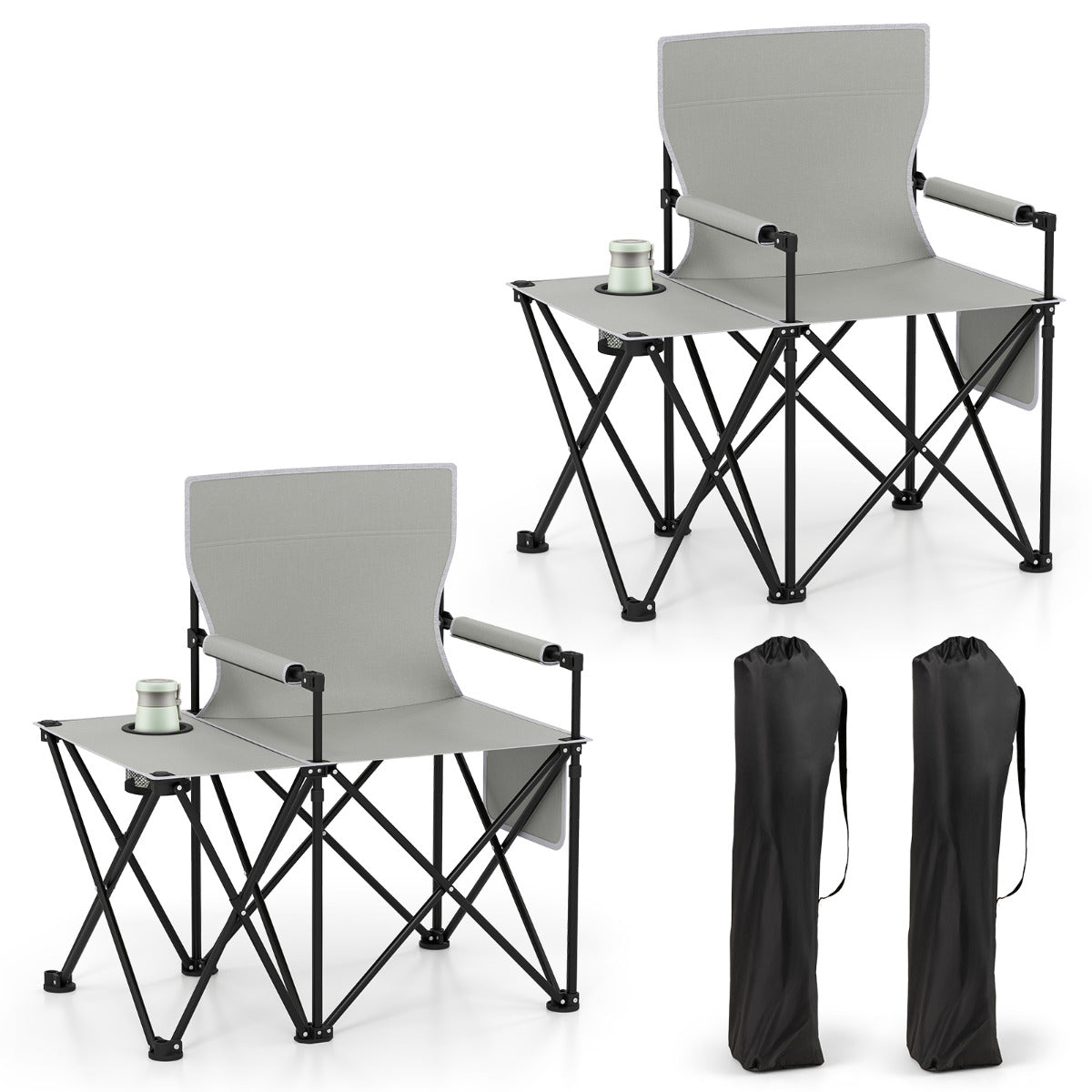 Set of 2 Oversized Camping Chair with Side Table and Storage Pockets-Grey