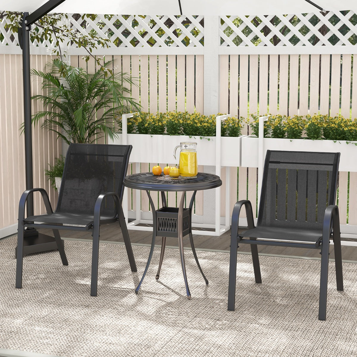 Set of 2 Patio Stackable Metal Dining Chairs with Armrests-Black