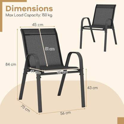 Set of 2 Patio Stackable Metal Dining Chairs with Armrests-Black