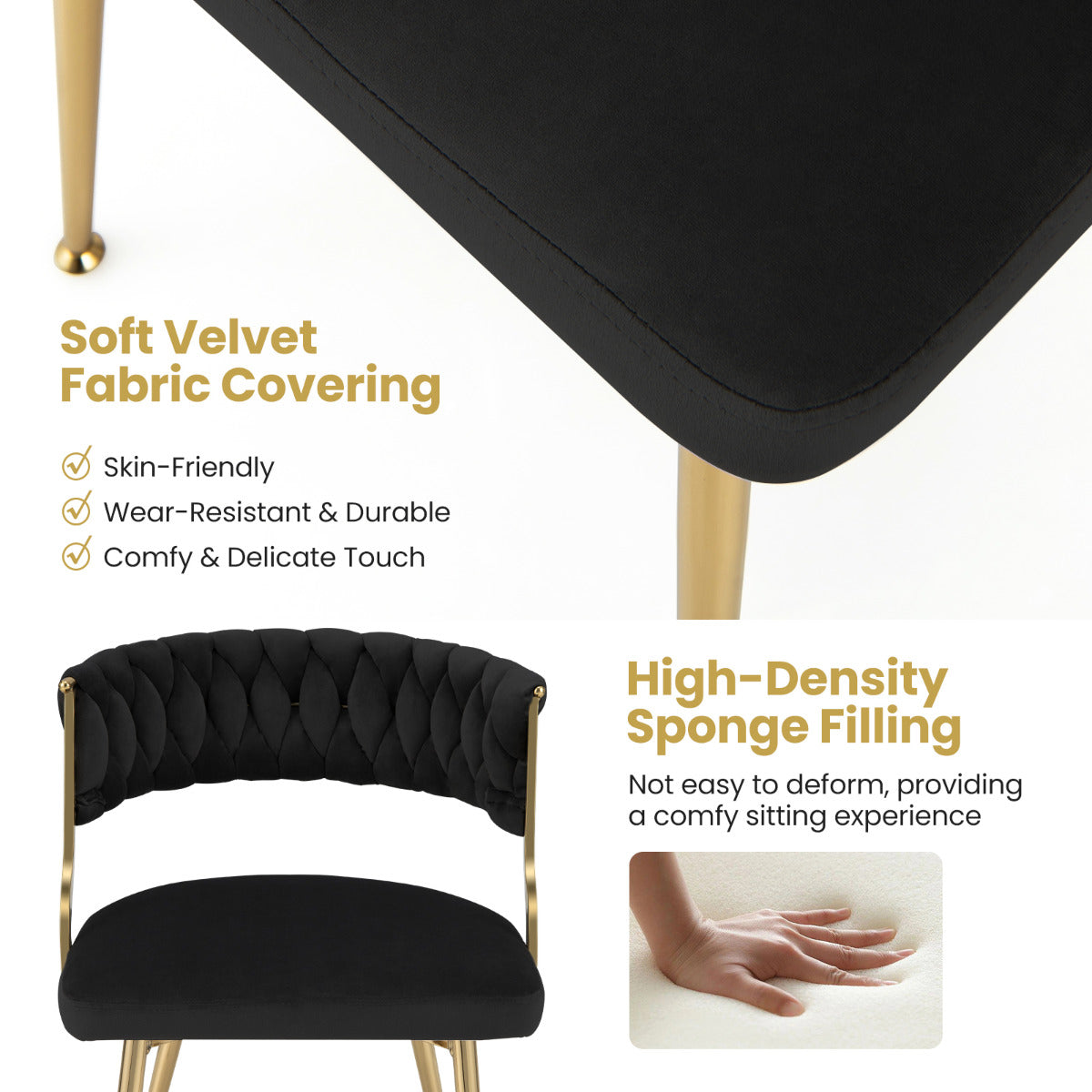 Set of 2 Velvet Dining Chair with Metal Legs and Woven Back-Black