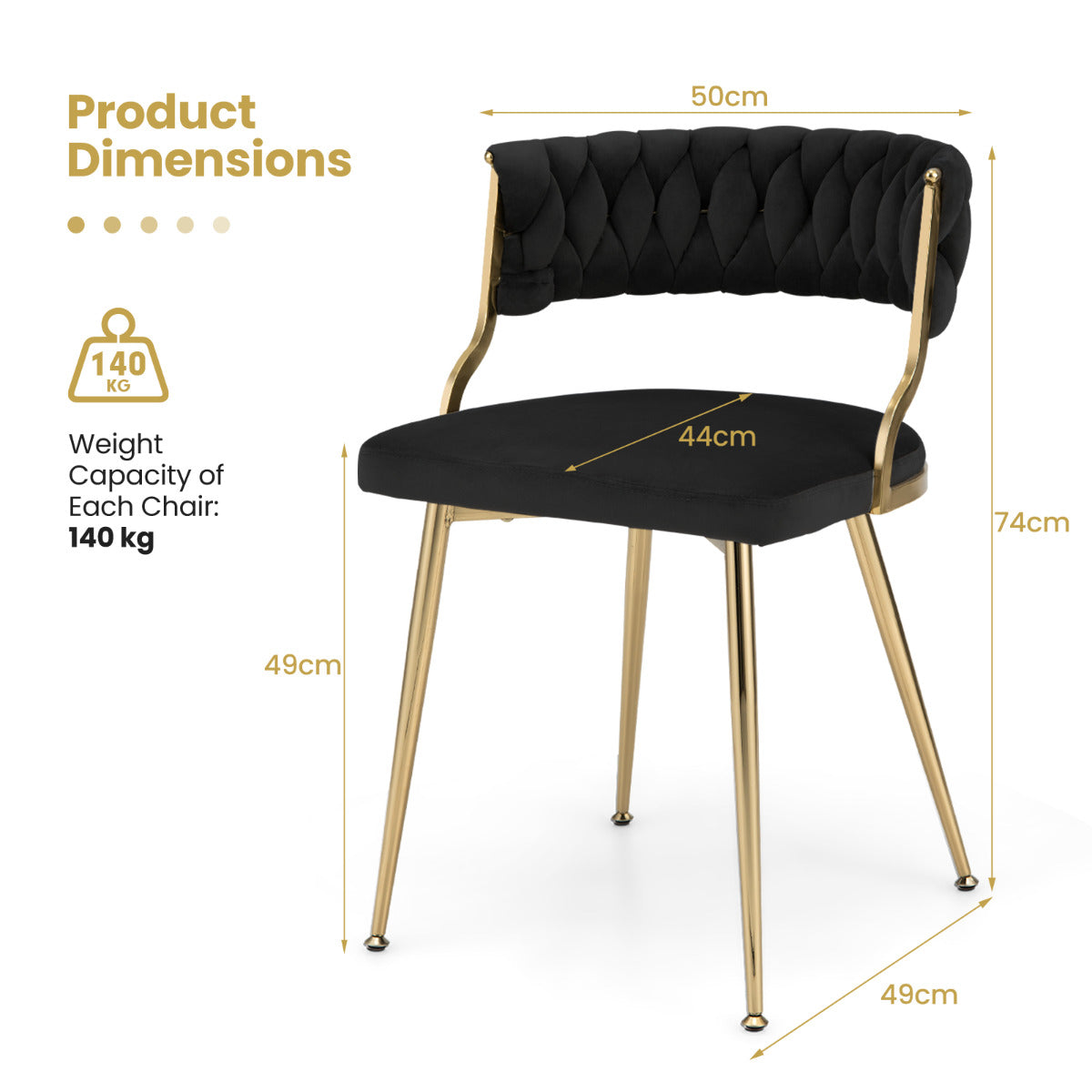 Set of 2 Velvet Dining Chair with Metal Legs and Woven Back-Black