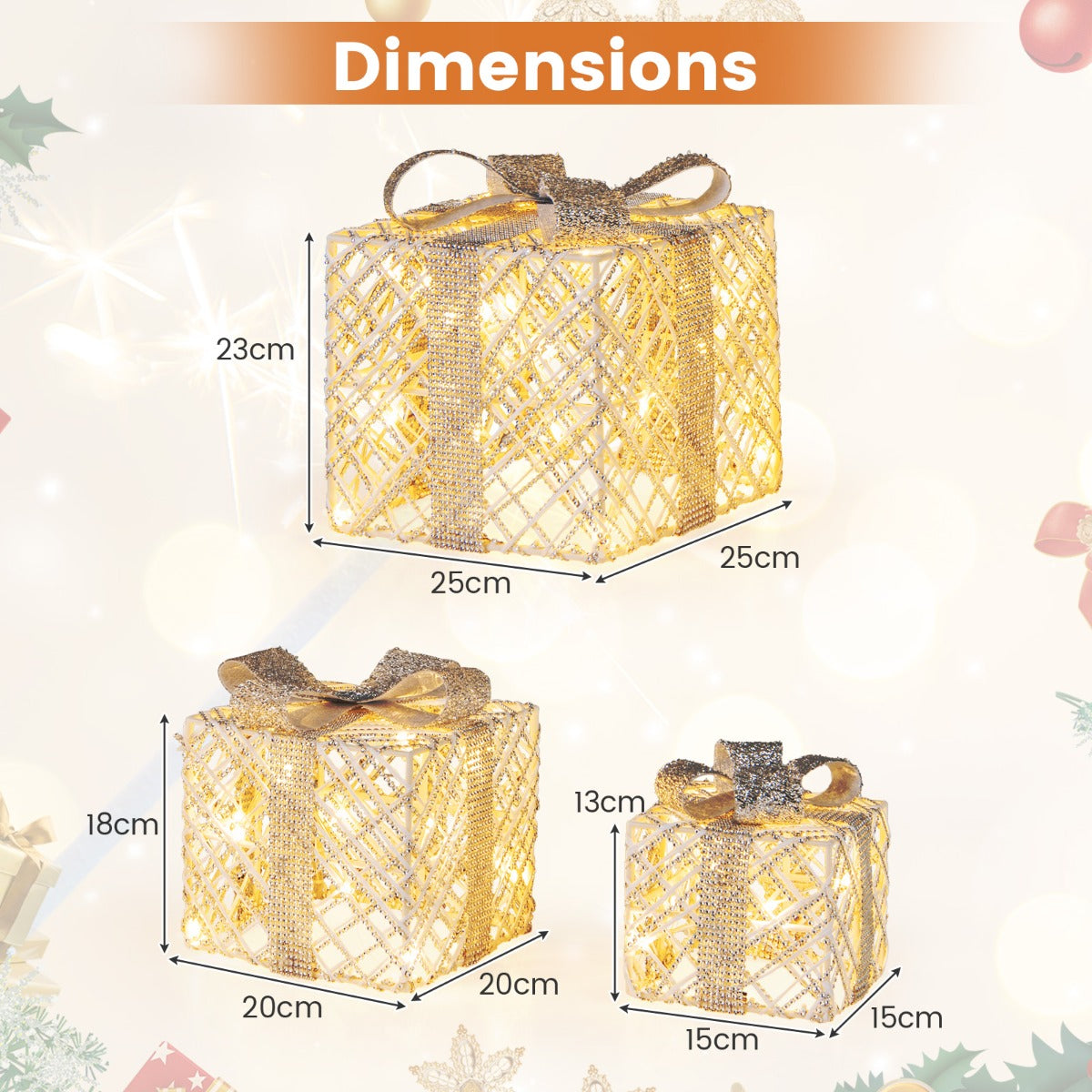 Set of 3 Christmas Lighted Gift Boxes with Bows and Ground Stakes