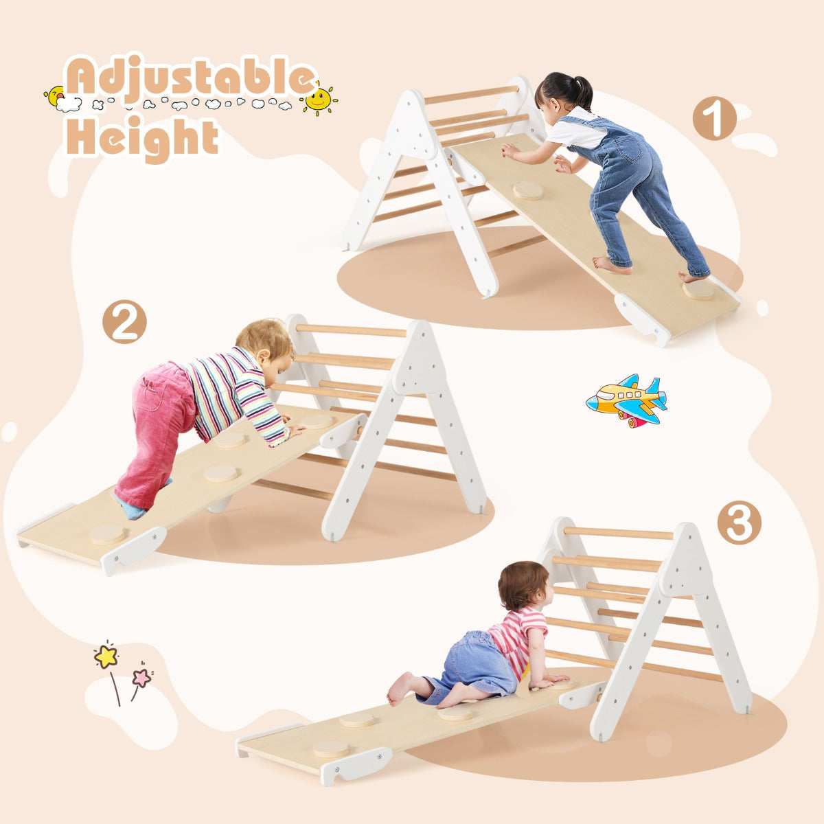 Set of 3 Wood Triangle Climbing Toys for Toddlers-White