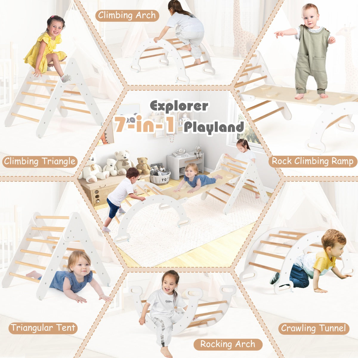 Set of 3 Wood Triangle Climbing Toys for Toddlers-White