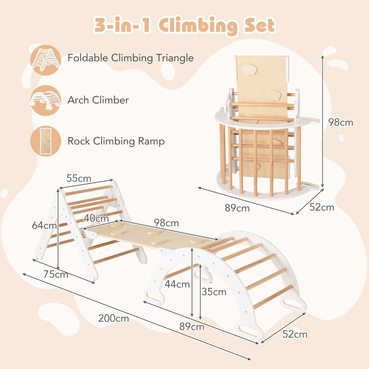 Set of 3 Wood Triangle Climbing Toys for Toddlers-White