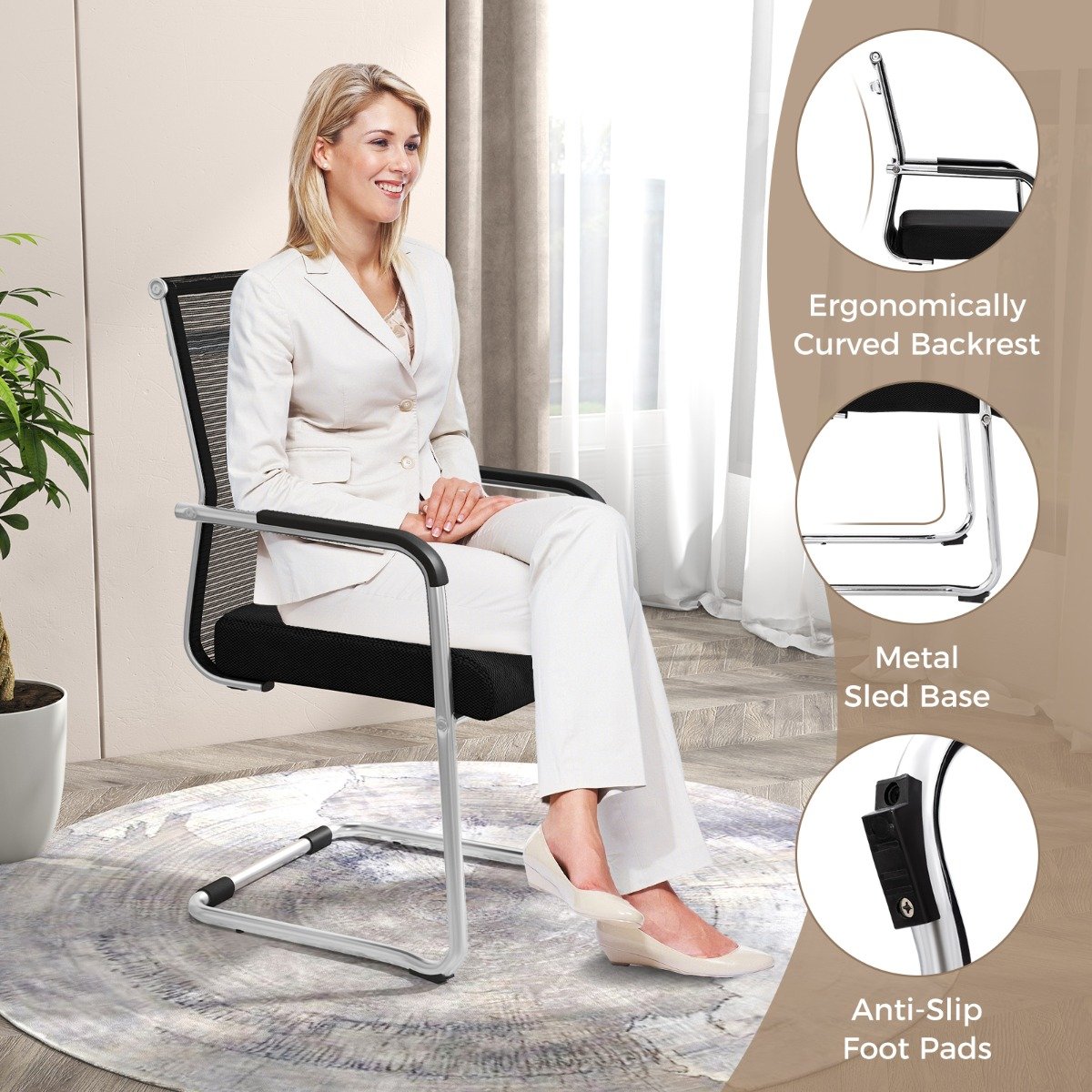Set of 4 Executive Office Guest Chairs with Metal Sled Base-Black