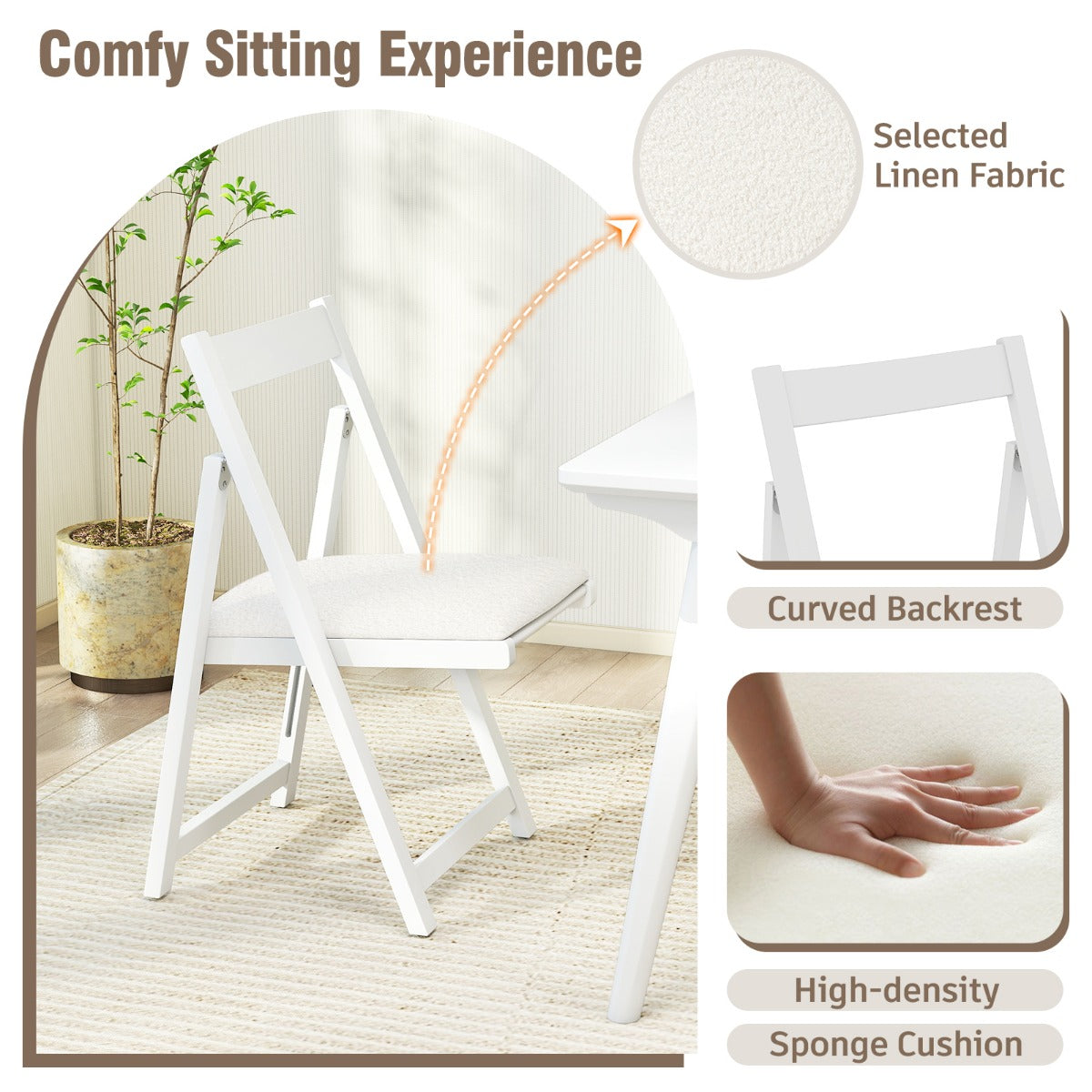 Set of 4 Foldable Dining Chair with Padded Seat and Curved Backrest-White
