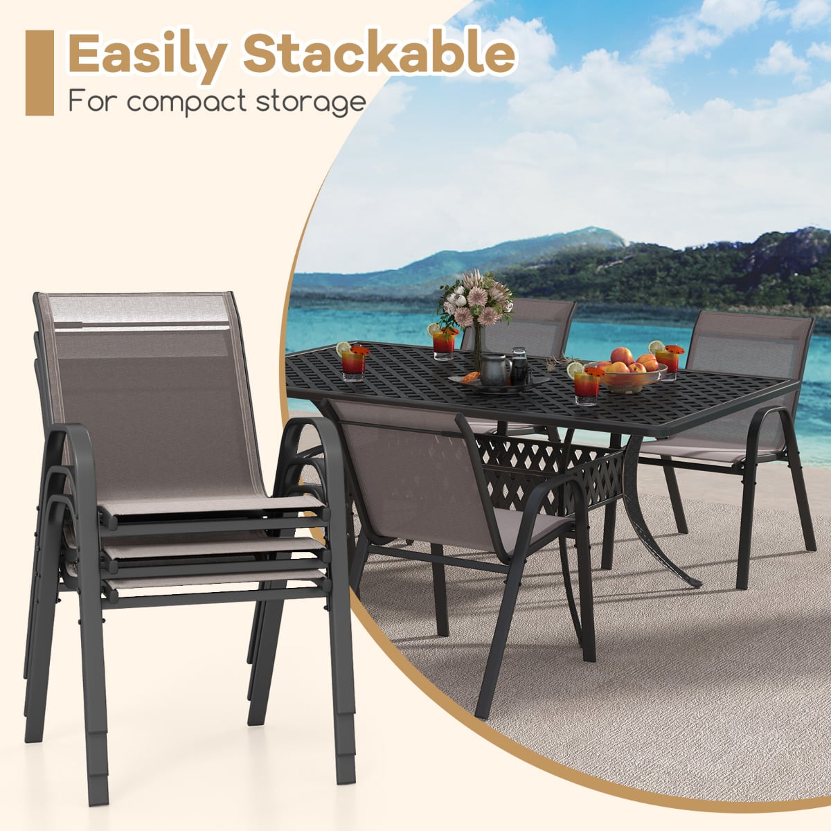 Set of 4 Patio Chairs with Armrests for Garden Deck and Porch-Grey