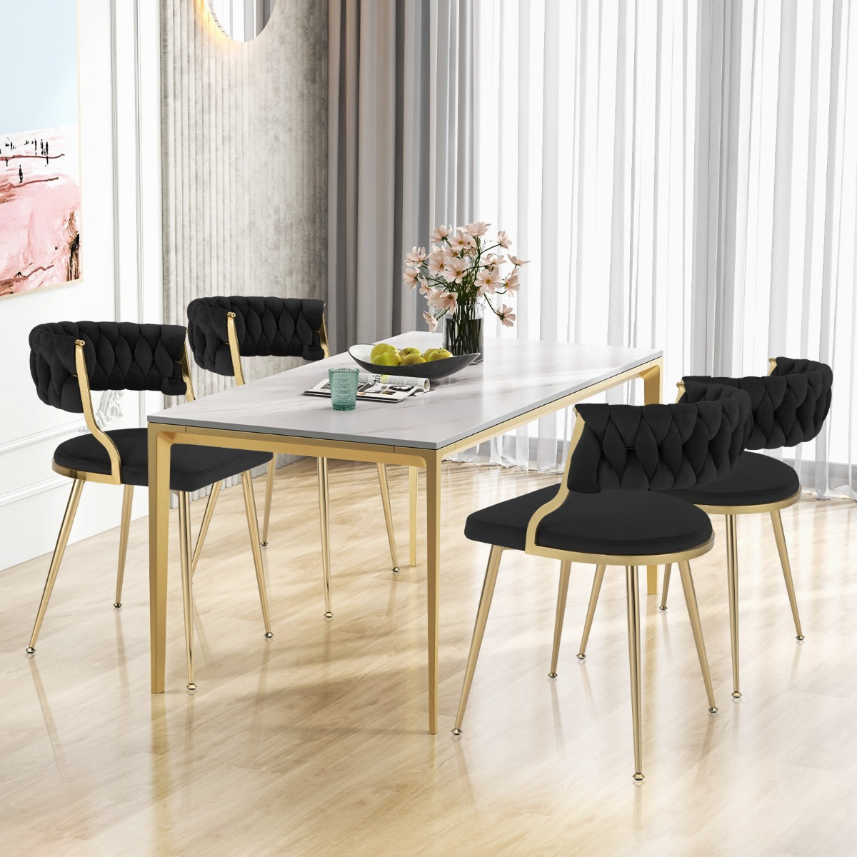 Set of 4 Velvet Dining Chair with Metal Legs and Woven Back-Black