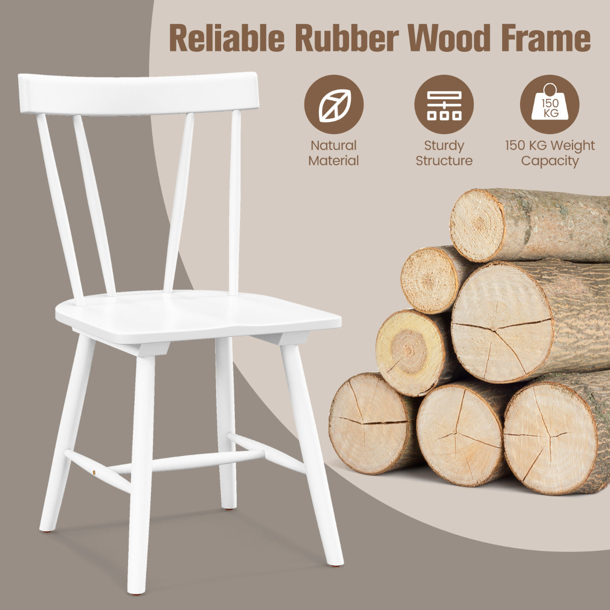 Set of 4 Windsor Chairs with Solid Rubber Wood Frame