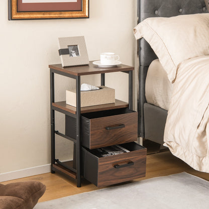 Retro Nightstand Set of 2 Metal Frame Bedside Table-Walnut-Set of 2